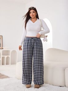 Solflare Plus Plaid Print Drawstring Waist Wide Leg Pants Autumn Vacation Office Lounge Formal Navy Blue Casual Soft Form Elegant Fall - Multicolor - View 4
