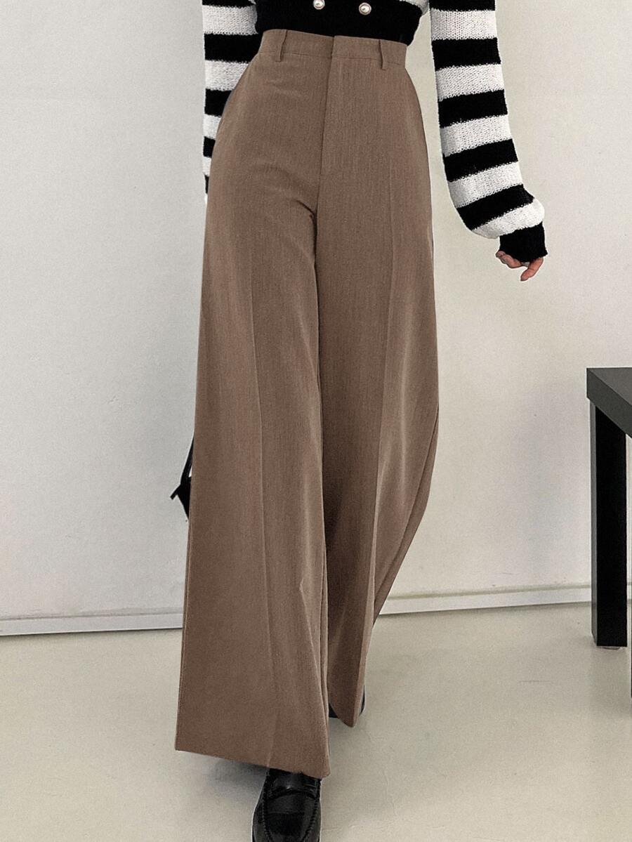 DAZY Women's Solid Color Toothpick Stripe Wide Leg Loose Business Casual Pants Fall,Winter - Khaki - View 1