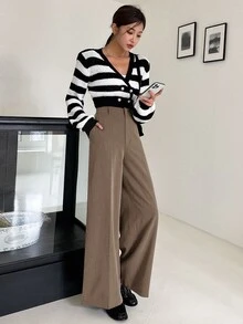 DAZY Women's Solid Color Toothpick Stripe Wide Leg Loose Business Casual Pants Fall,Winter - Khaki - View 4