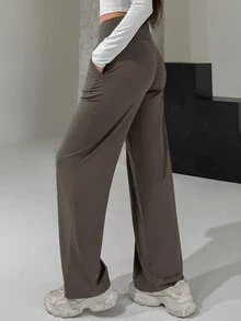DAZY Cross-Over Waist Band Long Flared Leg Women Pants Summer - Brown - View 2