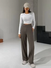DAZY Cross-Over Waist Band Long Flared Leg Women Pants Summer - Brown - View 4