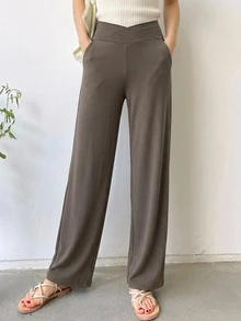 DAZY Cross-Over Waist Band Long Flared Leg Women Pants Summer - Brown - View 7