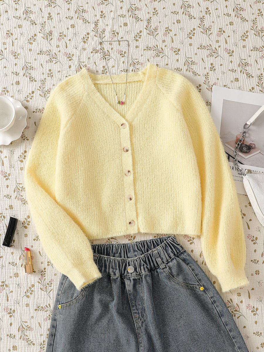 SHEIN Teen Girls Yellow Solid Color V-Neck Ribbed Faux Mink Knit Cardigan Sweater, Soft And Comfortable, Suitable For Casual Outings, Gatherings, Home Wear And Layering, Autumn/Winter - Yellow - View 1