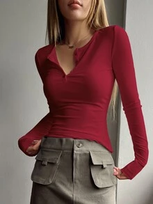 DAZY Solid Color Ribbed Knit Long-Sleeve T-Shirt,Fall Clothes Preppy Tops Long Sleeve Women Tops - Red - View 4