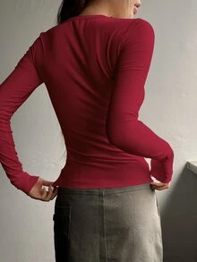 DAZY Solid Color Ribbed Knit Long-Sleeve T-Shirt,Fall Clothes Preppy Tops Long Sleeve Women Tops - Red - View 2