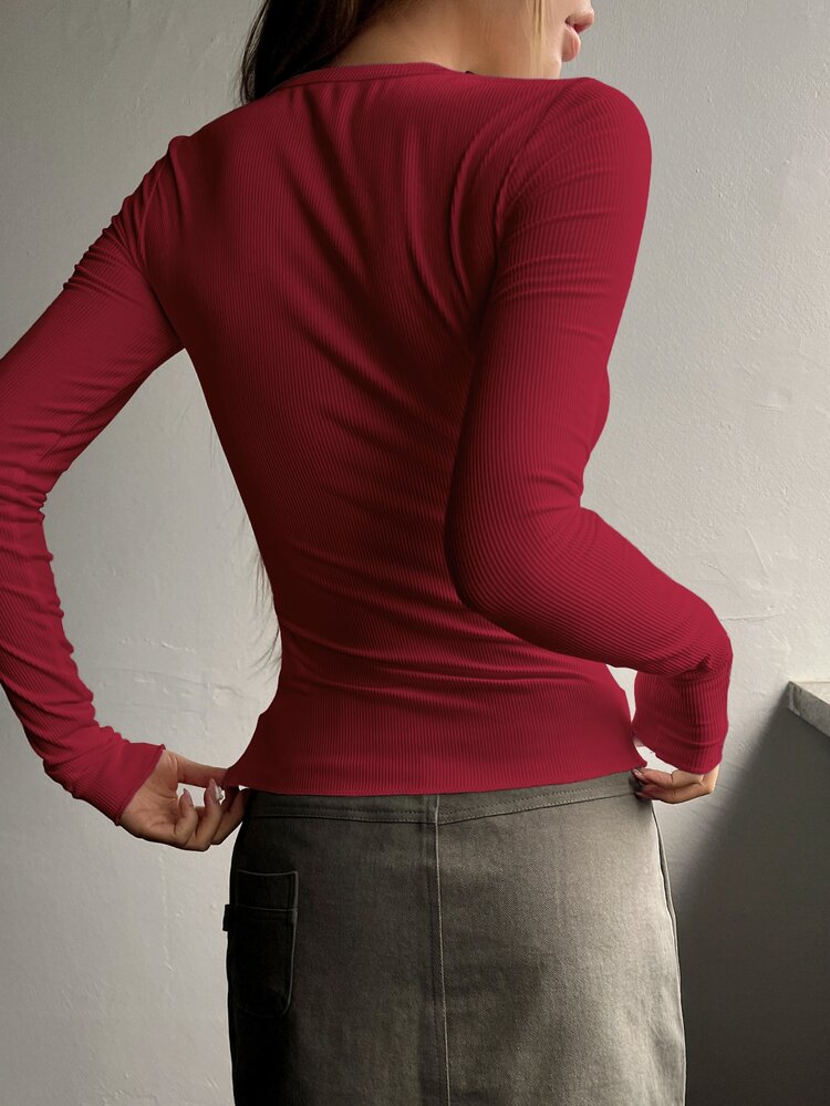 DAZY Camiseta de manga larga de punto acanalado de unicolor, ropa de otoño con estilo preppy, blusas de manga larga para mujer - Rojo - Añade 2