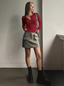 DAZY Solid Color Ribbed Knit Long-Sleeve T-Shirt,Fall Clothes Preppy Tops Long Sleeve Women Tops - Red - View 6