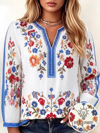 Linhara CURVE Blus Wanita Ukuran Besar Motif Bunga Bohemian Leher V Lengan Panjang Longgar Kasual Elegan, Liburan Musim Gugur