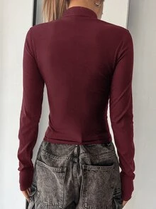 DAZY Stand Collar Hollow Splice Bodycon Long Sleeve Blouse For Women,Fall Clothes,Back To School Clothes - Burgundy - View 2