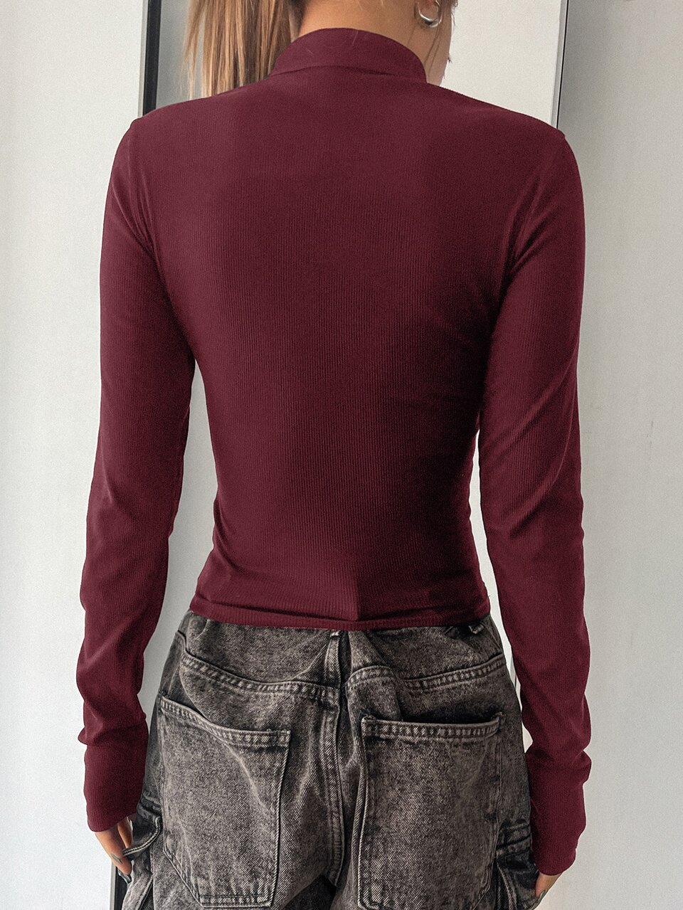 Stand Collar Hollow Splice Bodycon Long Sleeve Blouse For Women,Fall Clothes,Back To School Clothes