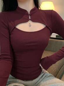 DAZY Stand Collar Hollow Splice Bodycon Long Sleeve Blouse For Women,Fall Clothes,Back To School Clothes - Burgundy - View 5