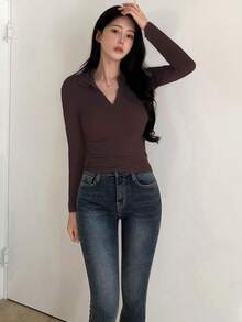 DAZY 女式紧身 Polo 领 T 恤，休闲时尚，适合夏季日常穿着 - 棕色 - 查看 2