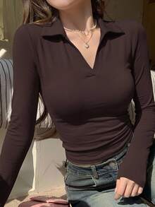 DAZY 女式紧身 Polo 领 T 恤，休闲时尚，适合夏季日常穿着 - 棕色 - 查看 6