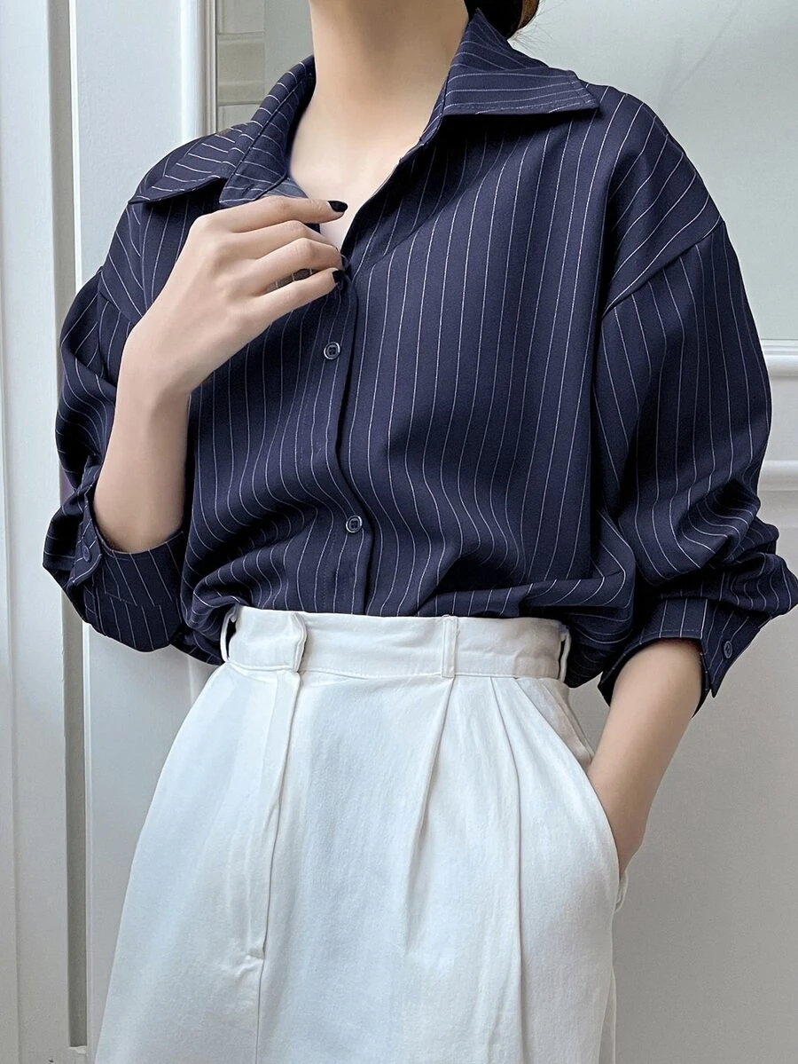 DAZY 女式宽松条纹休闲/校园衬衫学院风上衣,秋季女装长袖上衣 - 藏蓝色 - 查看 1