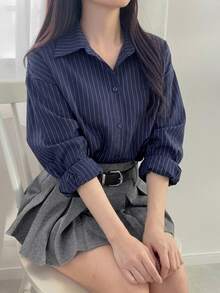 DAZY 女式宽松条纹休闲/校园衬衫学院风上衣，秋季女装长袖上衣 - 藏蓝色 - 查看 6