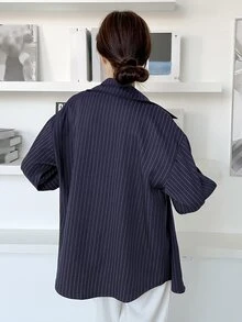 DAZY 女式宽松条纹休闲/校园衬衫学院风上衣，秋季女装长袖上衣 - 藏蓝色 - 查看 3
