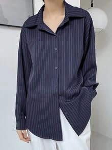 DAZY 女式宽松条纹休闲/校园衬衫学院风上衣，秋季女装长袖上衣 - 藏蓝色 - 查看 4