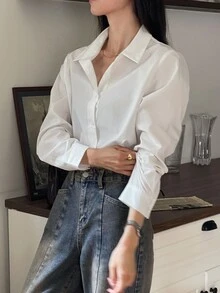 DAZY Blusa de unicolor de manga larga casual para el uso diario, primavera y verano, blusas de manga larga, ropa de mujer para otoño - Blanco - Ver 9