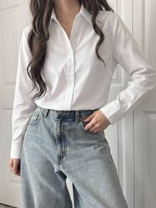 DAZY Blusa de unicolor de manga larga casual para el uso diario, primavera y verano, blusas de manga larga, ropa de mujer para otoño - Blanco - Ver 13