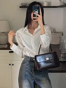 DAZY Blusa de unicolor de manga larga casual para el uso diario, primavera y verano, blusas de manga larga, ropa de mujer para otoño - Blanco - Ver 11