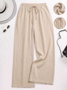 Edennvi Plus Size Women's Summer Autumn Casual Traditional Beige Elastic Drawstring Cotton Flared Pants Loose Comfortable Daily Versatile Formal Wedding Guest - Apricot - View 1
