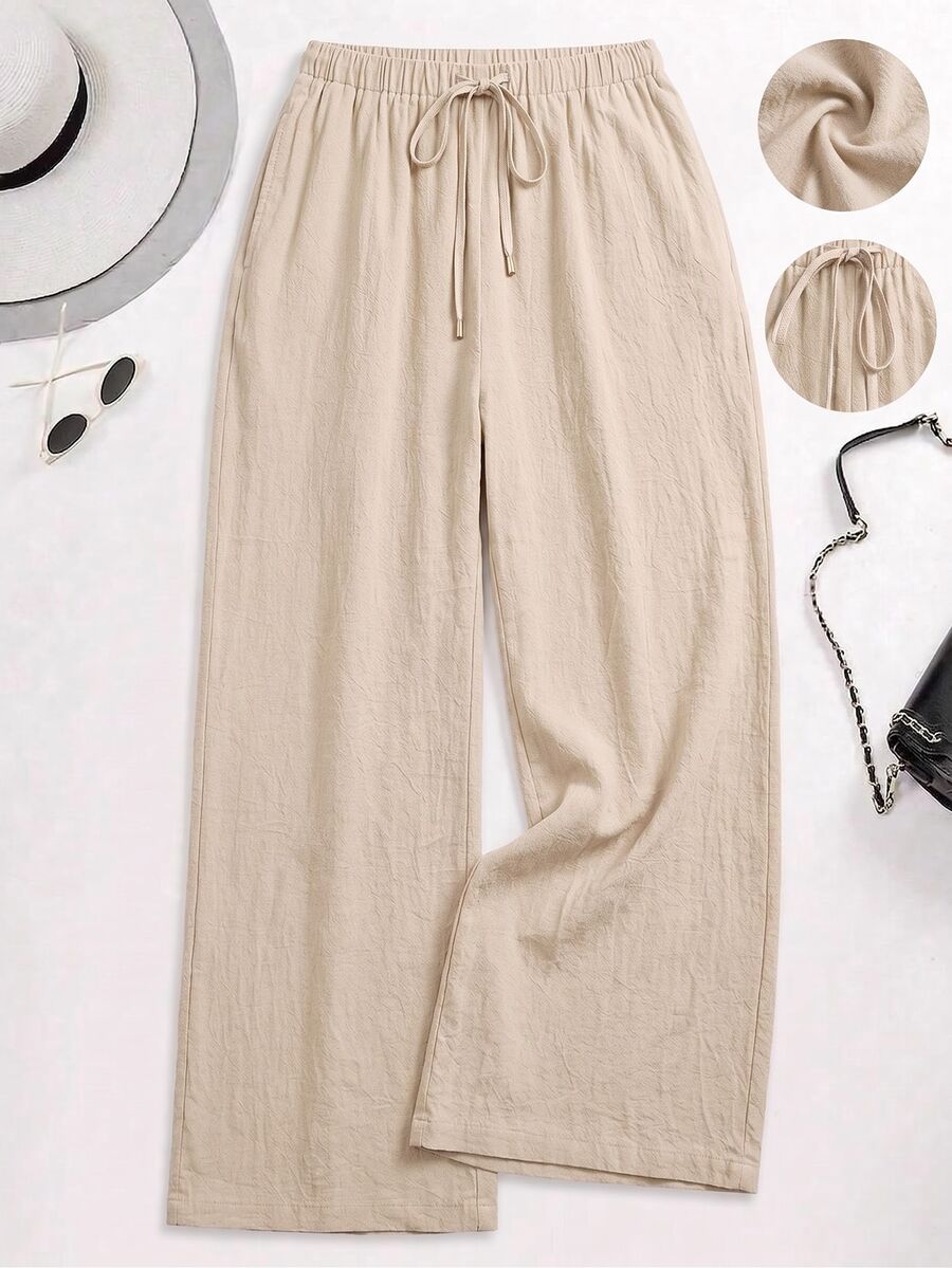 Edennvi Plus Size Women's Summer Autumn Casual Traditional Beige Elastic Drawstring Cotton Flared Pants Loose Comfortable Daily Versatile Formal Wedding Guest - Apricot - View 1