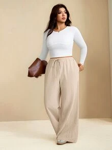Edennvi Plus Size Women's Summer Autumn Casual Traditional Beige Elastic Drawstring Cotton Flared Pants Loose Comfortable Daily Versatile Formal Wedding Guest - Apricot - View 9