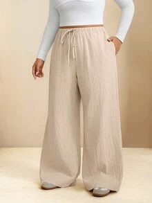 Edennvi Plus Size Women's Summer Autumn Casual Traditional Beige Elastic Drawstring Cotton Flared Pants Loose Comfortable Daily Versatile Formal Wedding Guest - Apricot - View 6