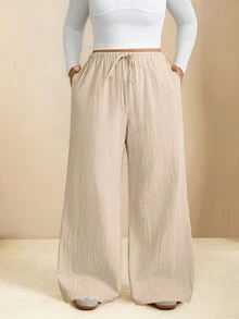 Edennvi Plus Size Women's Summer Autumn Casual Traditional Beige Elastic Drawstring Cotton Flared Pants Loose Comfortable Daily Versatile Formal Wedding Guest - Apricot - View 4