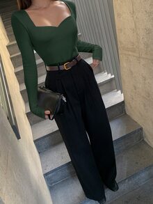 DAZY 女款純色修身長袖心形領口T恤，春秋夏季基礎款外出上衣 - 軍綠色 - 查看 5