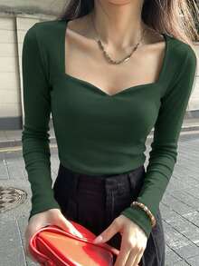 DAZY 女款純色修身長袖心形領口T恤，春秋夏季基礎款外出上衣 - 軍綠色 - 查看 6