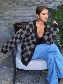 Livesso 棋盘格图案休闲女士开衫毛衣，长袖上衣，秋季服装棋盘格 - 黑色 - 查看 5