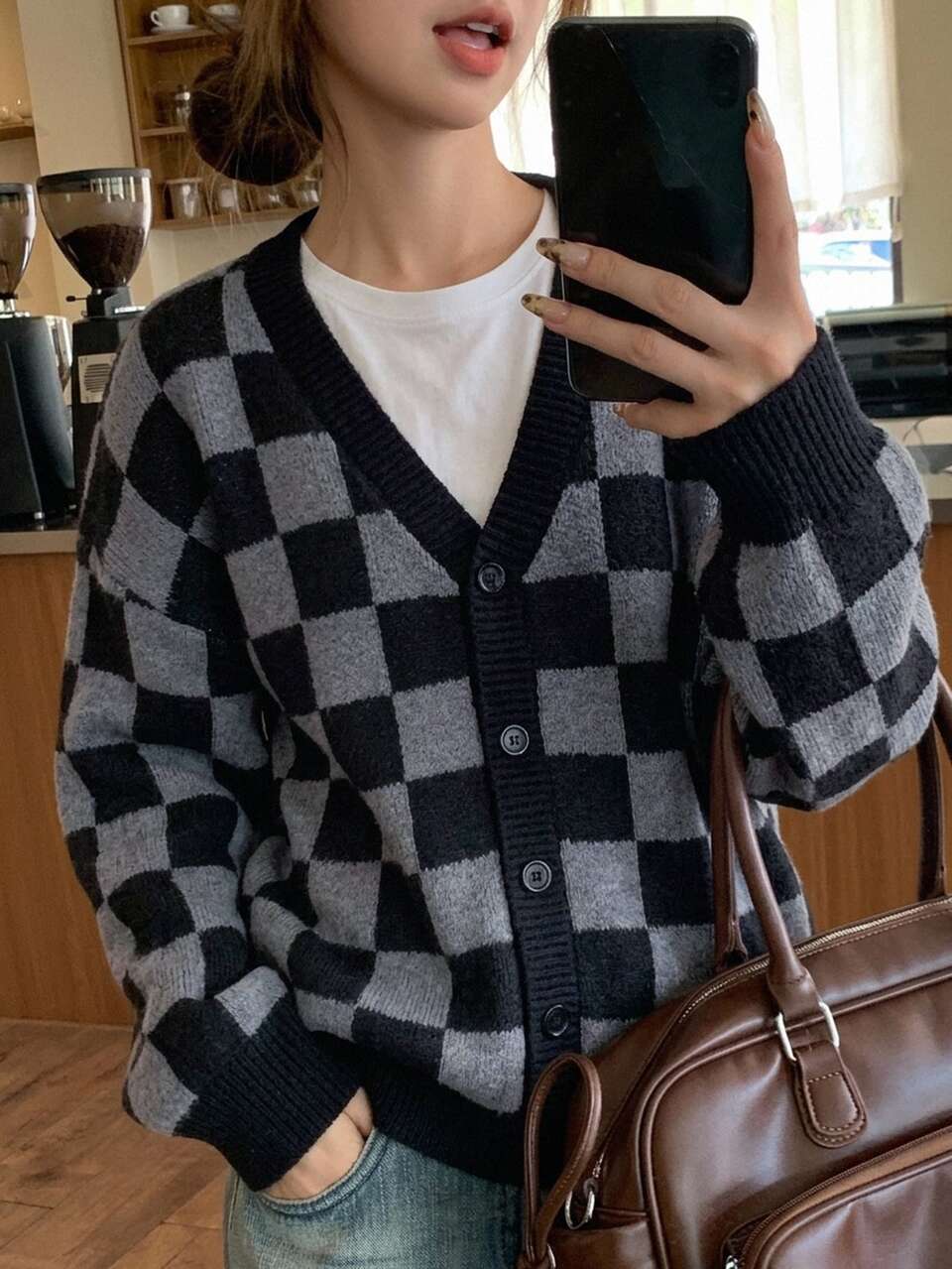 Checkerboard Pattern Casual Cardigan Sweater For Women,Long Sleeve Tops,Fall Clothes Checkerboard