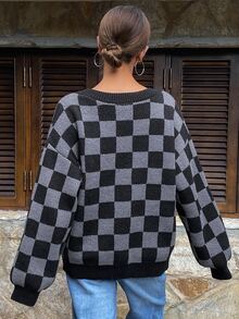 Livesso 棋盘格图案休闲女士开衫毛衣，长袖上衣，秋季服装棋盘格 - 黑色 - 查看 2