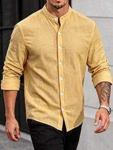 Manfinity Homme 男士簡約百搭單排扣長袖襯衫，適合辦公與通勤 - 黃色 - 查看 6
