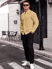 Manfinity Homme 男士簡約百搭單排扣長袖襯衫，適合辦公與通勤 - 黃色 - 查看 4
