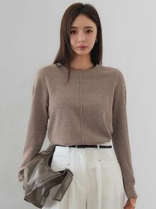 Dazy-Less Autumn/Winter Loose Business Casual Office Wear Solid Color Patchwork Long Sleeve Women's T-Shirt - Khaki - View 5