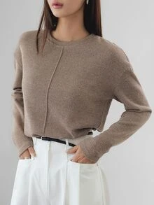 Dazy-Less Autumn/Winter Loose Business Casual Office Wear Solid Color Patchwork Long Sleeve Women's T-Shirt - Khaki - View 7