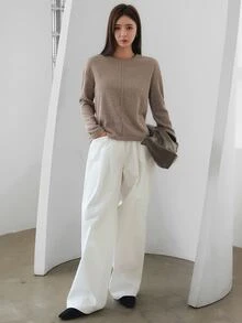 Dazy-Less Autumn/Winter Loose Business Casual Office Wear Solid Color Patchwork Long Sleeve Women's T-Shirt - Khaki - View 3