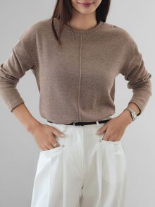 Dazy-Less Autumn/Winter Loose Business Casual Office Wear Solid Color Patchwork Long Sleeve Women's T-Shirt - Khaki - View 8