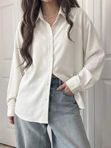 DAZY Drop Shoulder Button Front Shirt,Long Sleeve Tops,Fall Women Clothes - White - View 6