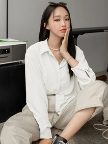 DAZY Drop Shoulder Button Front Shirt,Long Sleeve Tops,Fall Women Clothes - White - View 4