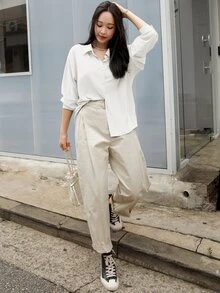 DAZY Drop Shoulder Button Front Shirt,Long Sleeve Tops,Fall Women Clothes - White - View 5