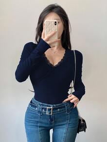 DAZY Women's Long Sleeve Lace Patchwork T-Shirt,Fall Clothes Preppy Tops - Navy Blue - View 3