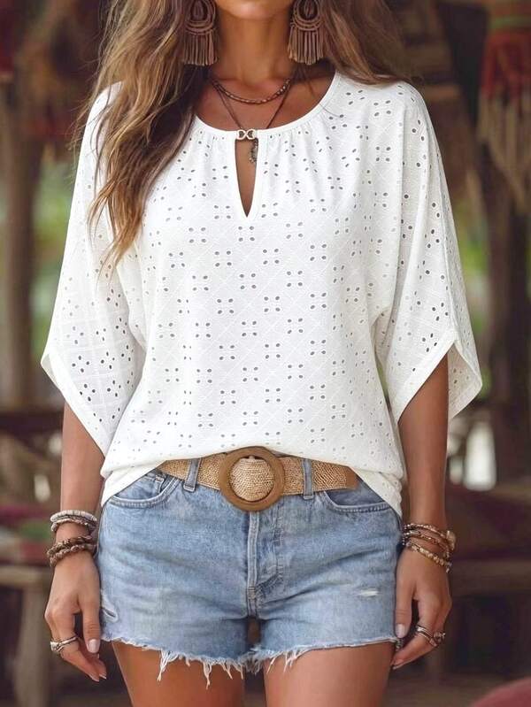 Vaclyn Women's Summer Outfit, Elegant T-Shirt, Going Out T-Shirt, Casual T-Shirt, Country Style, Holiday Outfit, Commute Outfit, Office Outfit, Loose T-Shirt, Mid-Sleeve T-Shirt, Batwing Sleeve, White Jacquard T-Shirt