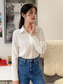 DAZY 纯色弧形下摆衬衫、长袖上衣、秋季学院风上衣 - 白色 - 查看 5