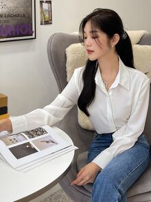 DAZY 纯色弧形下摆衬衫、长袖上衣、秋季学院风上衣 - 白色 - 查看 3