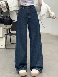 Dazy Designer Celana Jeans Wanita Model Lebar, Atasan Lucu untuk Wanita - Dark Wash - View 1
