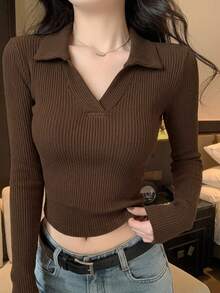 DAZY 女式休闲纯色 Polo 领修身短款 T 恤，秋季，返校服长袖女式上衣 - 鏽棕色 - 查看 6