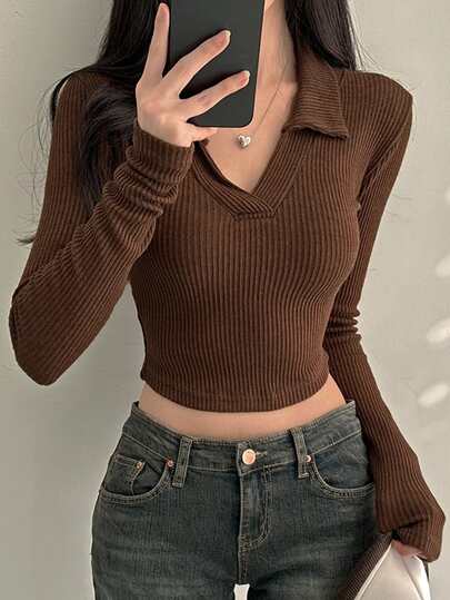 DAZY Women's Casual Solid Color Polo Collar Fitted Short T-Shirt, Autumn,Back To School Clothes Long Sleeve Women Tops